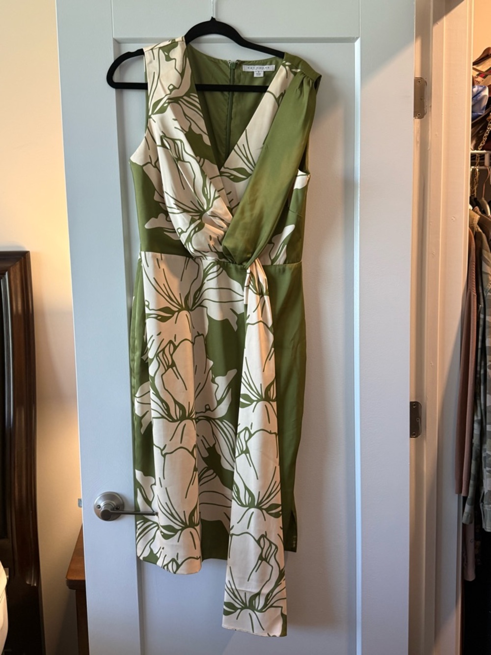 Kay Unger Olive Green and Cream Floral Midi Wrap Dress